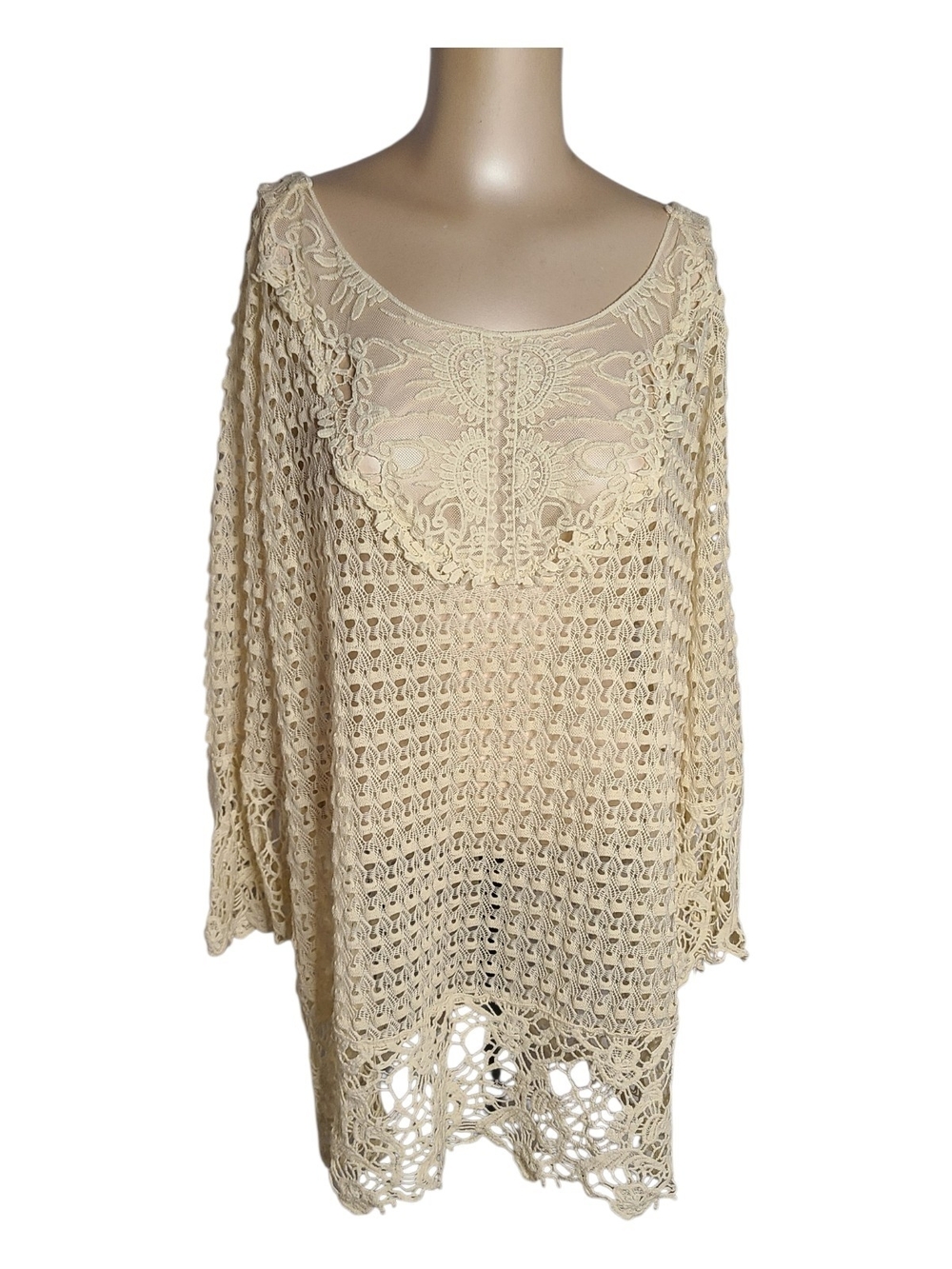 Umgee USA Boho Crochet Lace Knit Tunic Top Cream XL